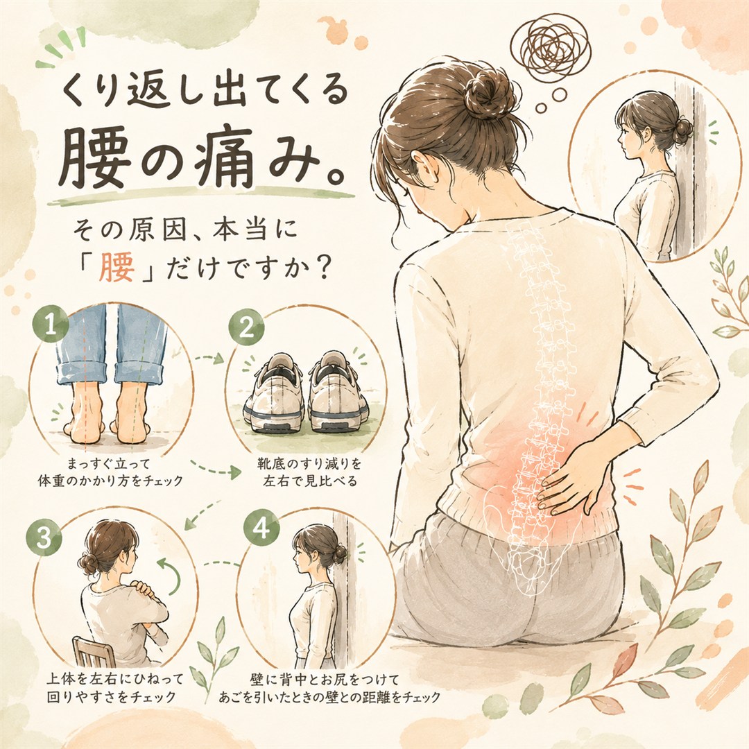 腰痛、また戻ってきていませんか🤔 「ほぐしてもらったときは楽なのに、数日でまた痛くなる」 そんな経験、ありませんか？ 実は—— 腰は、上半身の重さと、下から伝わるずれの 両方を受け止めている場所です
