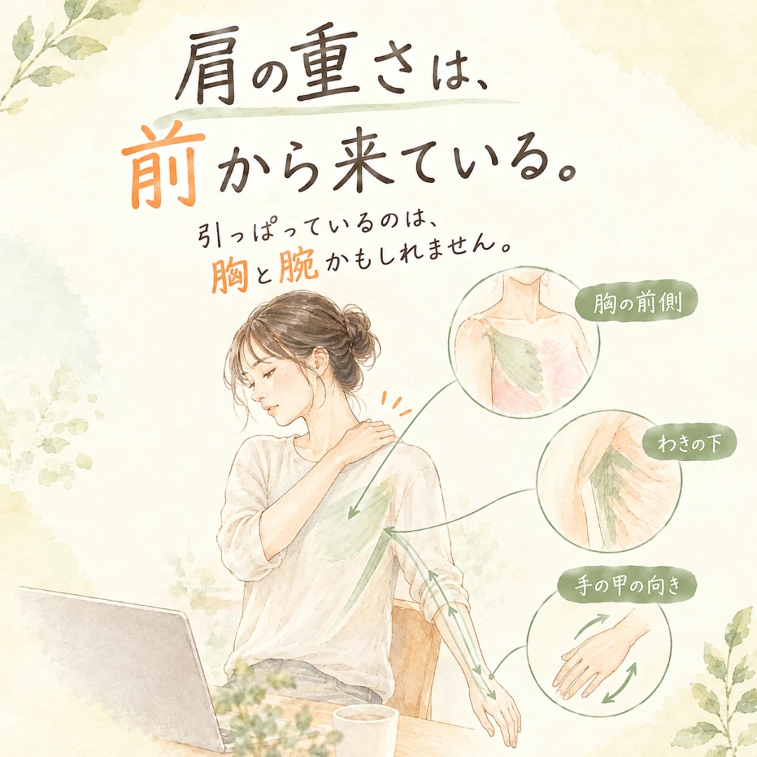 肩こり、どこを揉んでいますか🤔 つらいのは肩の後ろでも、 原因が前側にあることがあります